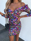 Women's Dress  Women's Casual Fashion Dress Off Shoulder V-neck Long Sleeved Floral Print Dress Summer Dress