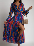Women's Clothing New Sexy Fashion Casual Commuting Beach Vacation Style Versatile Street Style V-neck Print with Belt Dress