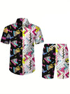 Men 3D Printed Graffiti Pattern Summer Neutral Fashion Casual Rave Party Style Shirt+Short 2 Piece Oversized Hawaiian Shirt Set