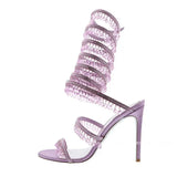 Round Open Toe Stiletto Elegant Summer New Snake-Shaped Rhinestone Foot Ring Strap High Heel Banquet Fashion Sandals for Women