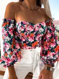Elegant Floral Blouses For Women Sexy Backless Off Shoulder Crop Top Youth White Blouse Fashion Summer Women Clothing 2024