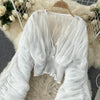 Women Blouse Sexy Deep V Neck Tops Full Puff Sleeve Tight Waist Top Shirts Slim Fit Blouses Elegant Splice Pleated Shirt