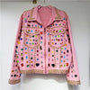 Rainbow Diamond Bead Pink Denim Loose Crystal Stone Jeans Jacket Long Sleeve Crystal Denim Cardigan Spiked Top