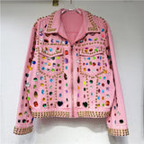 Rainbow Diamond Bead Pink Denim Loose Crystal Stone Jeans Jacket Long Sleeve Crystal Denim Cardigan Spiked Top