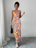 Women's Clothing Dress New Summer Sexy Backless Print Leopard V-Neck Dresses Streetwear Fashion Halter Lace-up Dresses Clothing