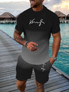 Men's summer sports and casual suit, made of breathable outdoor 100% polyester knitted fabric. It includes a round-neck T-shirt