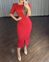 Elegant Party Dresses Women 2024 Summer Casual V-Neck short Sleeve Cinched Waist Rose Decoration Slit Satin French Long Dress