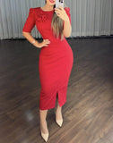 Elegant Party Dresses Women 2024 Summer Casual V-Neck short Sleeve Cinched Waist Rose Decoration Slit Satin French Long Dress