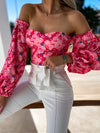 Elegant Floral Blouses For Women Sexy Backless Off Shoulder Crop Top Youth White Blouse Fashion Summer Women Clothing 2024