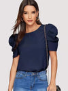 Women Blouse Fashionable Summer Versatile Urban Leisure Bubble Sleeve Round Neck Straight Tube Women's T-shirt Blouses Shirts