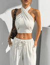 Women's Clothing Summer Casual Solid Color 2 Piece Set New Backless Cross-chest Wrapping Sexy Tank Top & Wide-leg Trousers Pants