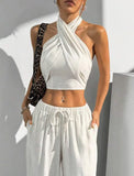 Women's Clothing Summer Casual Solid Color 2 Piece Set New Backless Cross-chest Wrapping Sexy Tank Top & Wide-leg Trousers Pants