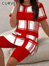 Plus Size Women’s 2Set 1XL-5XL Summer Check Print Two-piece Sets Casual Short Sleeve RoundNeck T-Shirt & Shorts  Loungewear
