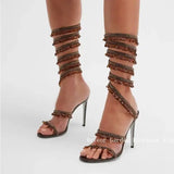 Round Open Toe Stiletto Elegant Summer New Snake-Shaped Rhinestone Foot Ring Strap High Heel Banquet Fashion Sandals for Women