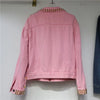 Rainbow Diamond Bead Pink Denim Loose Crystal Stone Jeans Jacket Long Sleeve Crystal Denim Cardigan Spiked Top