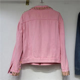 Rainbow Diamond Bead Pink Denim Loose Crystal Stone Jeans Jacket Long Sleeve Crystal Denim Cardigan Spiked Top