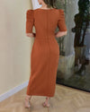 Elegant Party Dresses Women 2024 Summer Casual V-Neck short Sleeve Cinched Waist Rose Decoration Slit Satin French Long Dress
