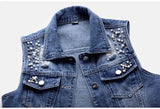Denim Women Vest Luxury Pearls Fashion Ripped Autumn Jeans Jacket New Causal Waistcoats S-5XL