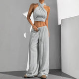 Women's Clothing Summer Casual Solid Color 2 Piece Set New Backless Cross-chest Wrapping Sexy Tank Top & Wide-leg Trousers Pants