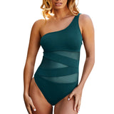 Plus Size Swimsuits Women One Shoulder Slim Swimwear For Women Mesh Solid Black Red Blue Push Up Padded Bathing Suits M-3xl 4xl