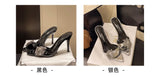 Designer Summer Pointed Toe High Heel Crystal Slippers for Women Fashion Slip-On Sexy Stripper Thin Heel Dress Slides