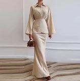 Women's Clothing Temperament Fashionable Lapel Long Sleeved Slim Fit Long Skirt Three Piece Set Simple Commuting Elegant Set
