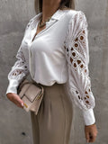 Women's Blouse White blank Elegant V-neck Lace Sleeve Cut-out Patchwork Office Commuter Black Shirt  For Female  S-XXL