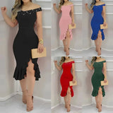 Womens Dresses New Summer Fashion Beaded Off Shoulder Ruffles Slit Hem Elegant Plain Short Sleeve Skinny Midi Party Dress