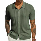 Men's Casual Tops Summer Cool Knitted Men's Shirt Short Sleeve Lapel Solid Color Hollow Breathable Men's Clothing