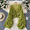 Women Blouse Sexy Deep V Neck Tops Full Puff Sleeve Tight Waist Top Shirts Slim Fit Blouses Elegant Splice Pleated Shirt