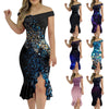 Women'S Party Dress Sexy Off Shoulder Split Ruffle Solid Bodycon Knee-Length Dress Fashion Glitter Party Elegant Dresses Vestido