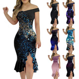 Women'S Party Dress Sexy Off Shoulder Split Ruffle Solid Bodycon Knee-Length Dress Fashion Glitter Party Elegant Dresses Vestido