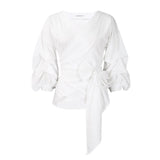Fashion Blouse for Women 2024 Slash Neck Full Sleeve Sashes Solid Elegant African Ladies Luxury Designer Fashion Shirts Tops