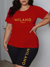 Plus Size Women 2 Piece Set Short Sleeve T-shirt and Shorts Elastic Summer Fashion MILANO Print Oversize Two Piece Outfits