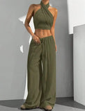 Women's Clothing Summer Casual Solid Color 2 Piece Set New Backless Cross-chest Wrapping Sexy Tank Top & Wide-leg Trousers Pants