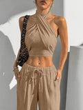 Women's Clothing Summer Casual Solid Color 2 Piece Set New Backless Cross-chest Wrapping Sexy Tank Top & Wide-leg Trousers Pants