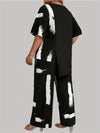 Plus Size Women's XL-5XL Plus Size Brush Print EleganceRound Neck  Short Sleeve Split Top & Matching Pants 2 Piece Outfit Set
