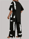 Plus Size Women's XL-5XL Plus Size Brush Print EleganceRound Neck  Short Sleeve Split Top & Matching Pants 2 Piece Outfit Set