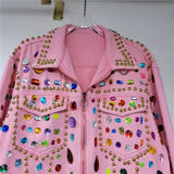 Rainbow Diamond Bead Pink Denim Loose Crystal Stone Jeans Jacket Long Sleeve Crystal Denim Cardigan Spiked Top