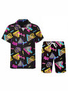 Men 3D Printed Graffiti Pattern Summer Neutral Fashion Casual Rave Party Style Shirt+Short 2 Piece Oversized Hawaiian Shirt Set