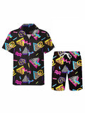 Men 3D Printed Graffiti Pattern Summer Neutral Fashion Casual Rave Party Style Shirt+Short 2 Piece Oversized Hawaiian Shirt Set