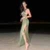 Green Knit Hollow Out Beach Long Dress Women Sexy Halter Backless Sleeveless Split Party Dresses 2025 Summer Lady Holiday Robe