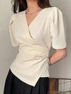 Women Blouse 2025 Spring Summer Solid Tucked V Neck Slim Blouse Elegant Short Sleeve Asymmetrical Top For Women Hot Sale