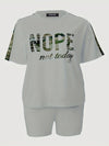 Plus Size Outfits Two Piece Set, Women's Plus Letter Print Contrast Panel Short Sleeve Tee & Shorts Outfits 2 Piece Set