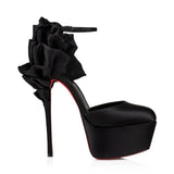 Black Satin Ankle Strap Platform Pumps Pleated Stiletto Solid Color High Heels Women's Shoes