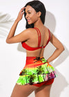 Sexy Ruffled Swimsuit Women Push Up Hollow Out Cross Bikini Set Women Maple Print Beach Bathing Suit Skirt Swimwear Plus Size