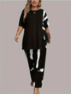 Plus Size Women's XL-5XL Plus Size Brush Print EleganceRound Neck  Short Sleeve Split Top & Matching Pants 2 Piece Outfit Set