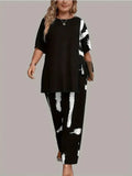 Plus Size Women's XL-5XL Plus Size Brush Print EleganceRound Neck  Short Sleeve Split Top & Matching Pants 2 Piece Outfit Set
