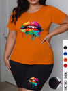 Plus Size Women 2 Piece Shorts Set Short Sleeve T-shirt Elastic Summer Graphic Print Street Oversize Chic Two Piece Outfits