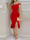 Womens Dresses New Summer Fashion Beaded Off Shoulder Ruffles Slit Hem Elegant Plain Short Sleeve Skinny Midi Party Dress